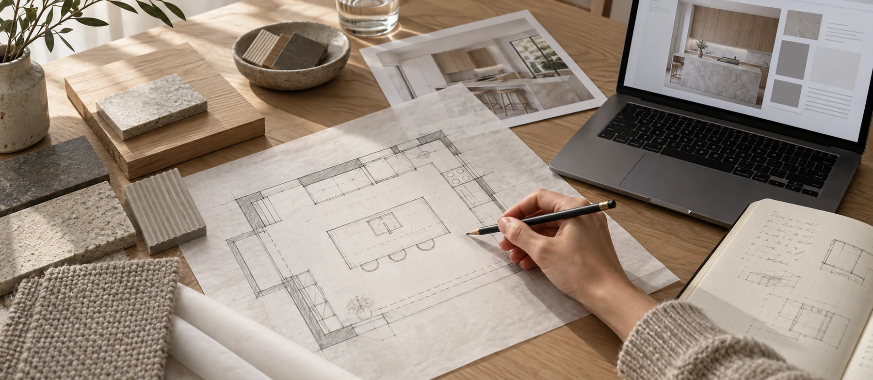An architect’s desk with a kitchen drawing, material samples and a laptop.