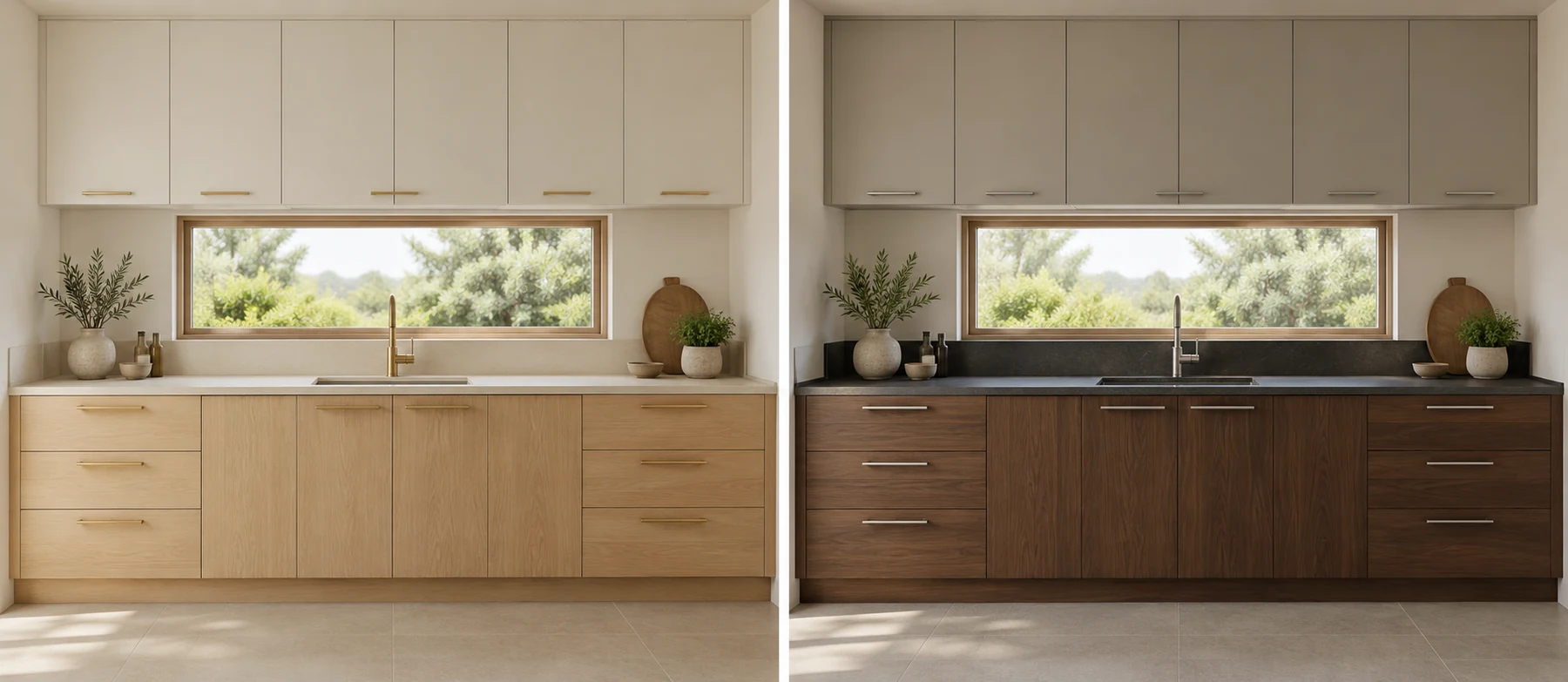 Two kitchens in similar layouts: pale oak and cream on the left, dark walnut and charcoal on the right.